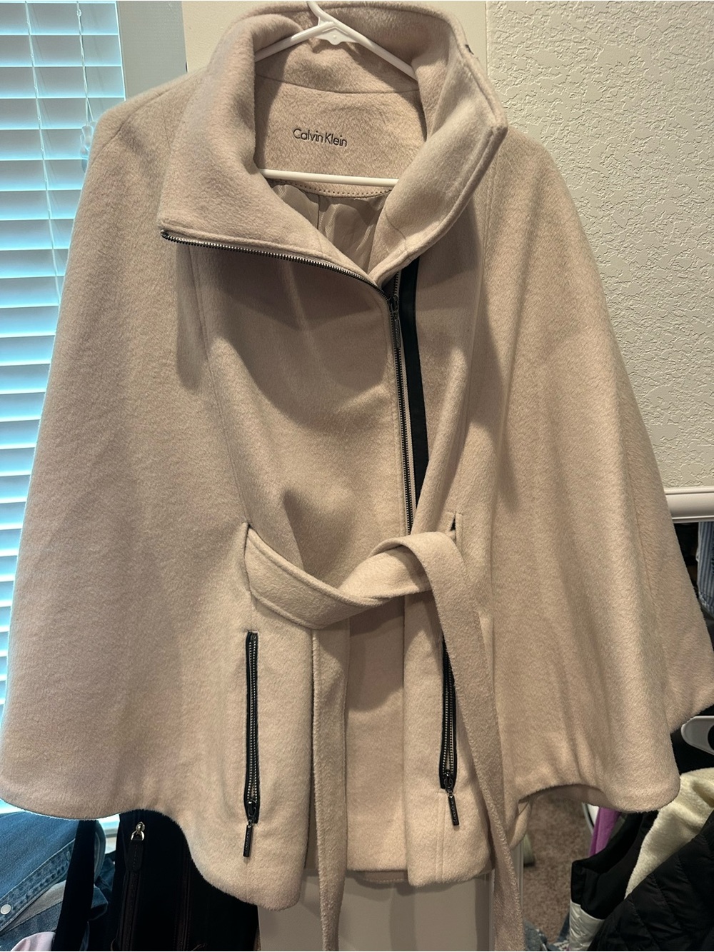 Calvin Klein Beige Cream Zip-Front Cape with Belt